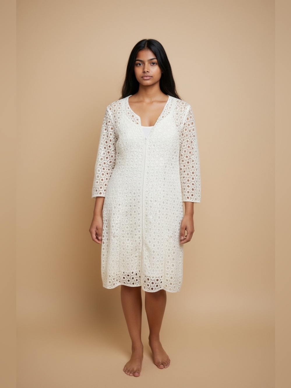 Samuel Dong Womens Ivory Eyelet 3/4 Sleeve Shift Zip Up Dress Size Small
